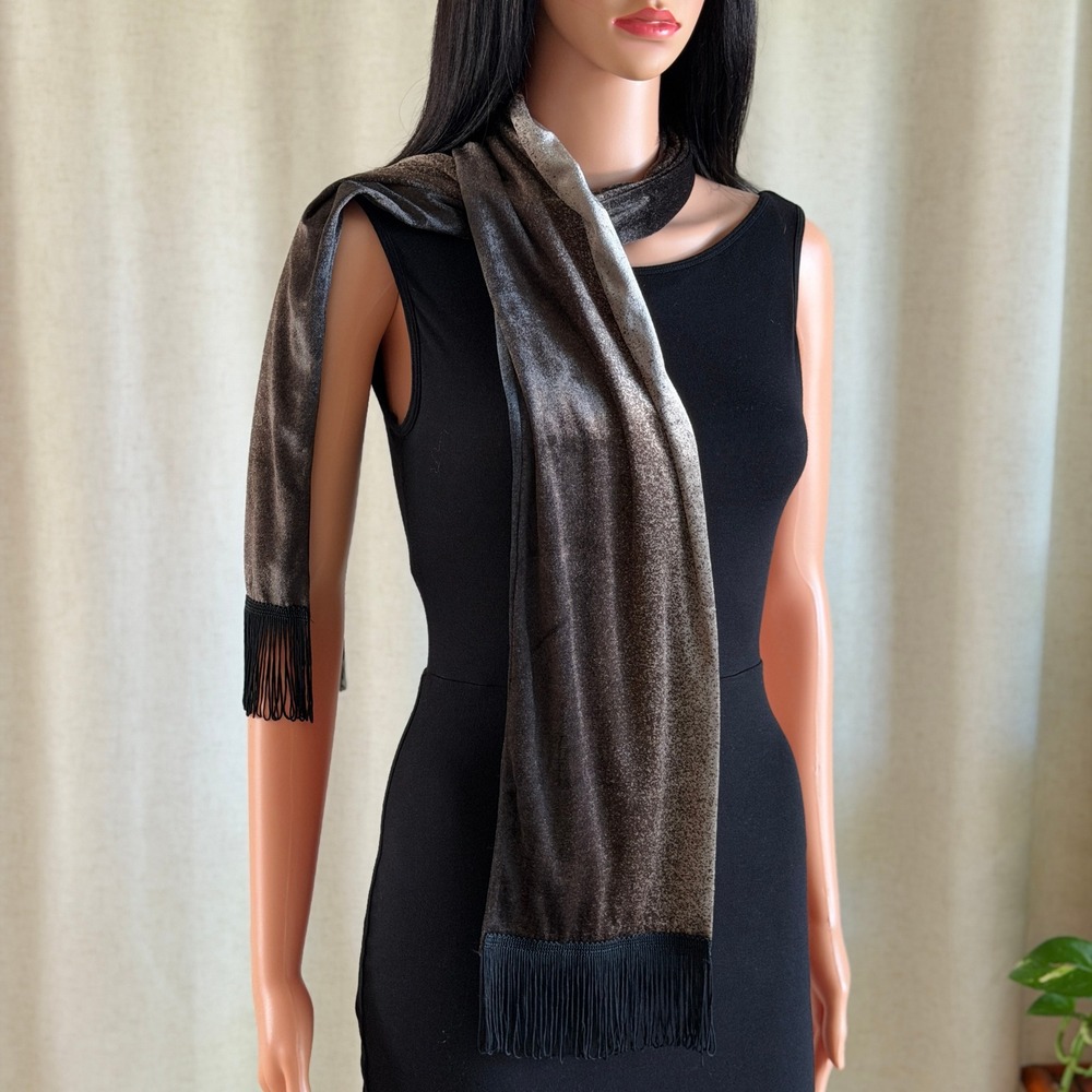 Vtg Metallic Silver Charcoal Velvet Fringe Evening Scarf Wrap Whimsygoth Glam